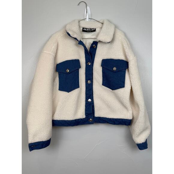 Jolie & Joy Sherpa Jacket Medium Cream White Denim Trim Shacket Streetwear - Picture 1 of 9